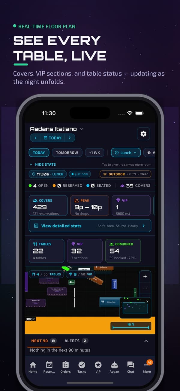 Aedan Rose app: real-time floor plan showing every table and VIP section