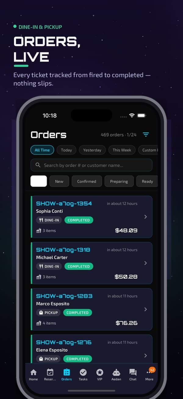 Aedan Rose app: live orders for dine-in and pickup, every ticket tracked