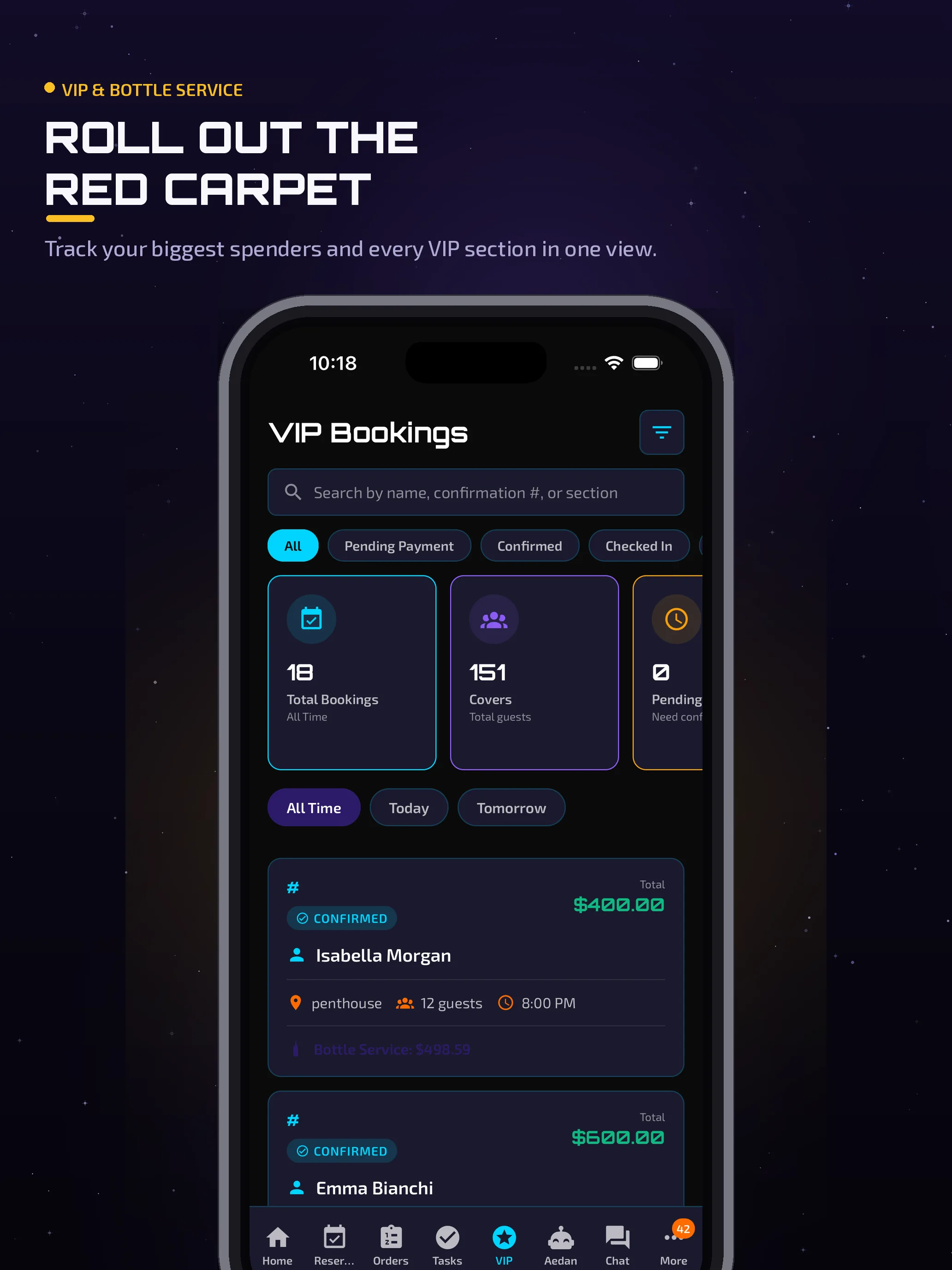 VIP section bookings screen in Aedan Rose showing premium tables, deposits, and reserved sections on the floor plan