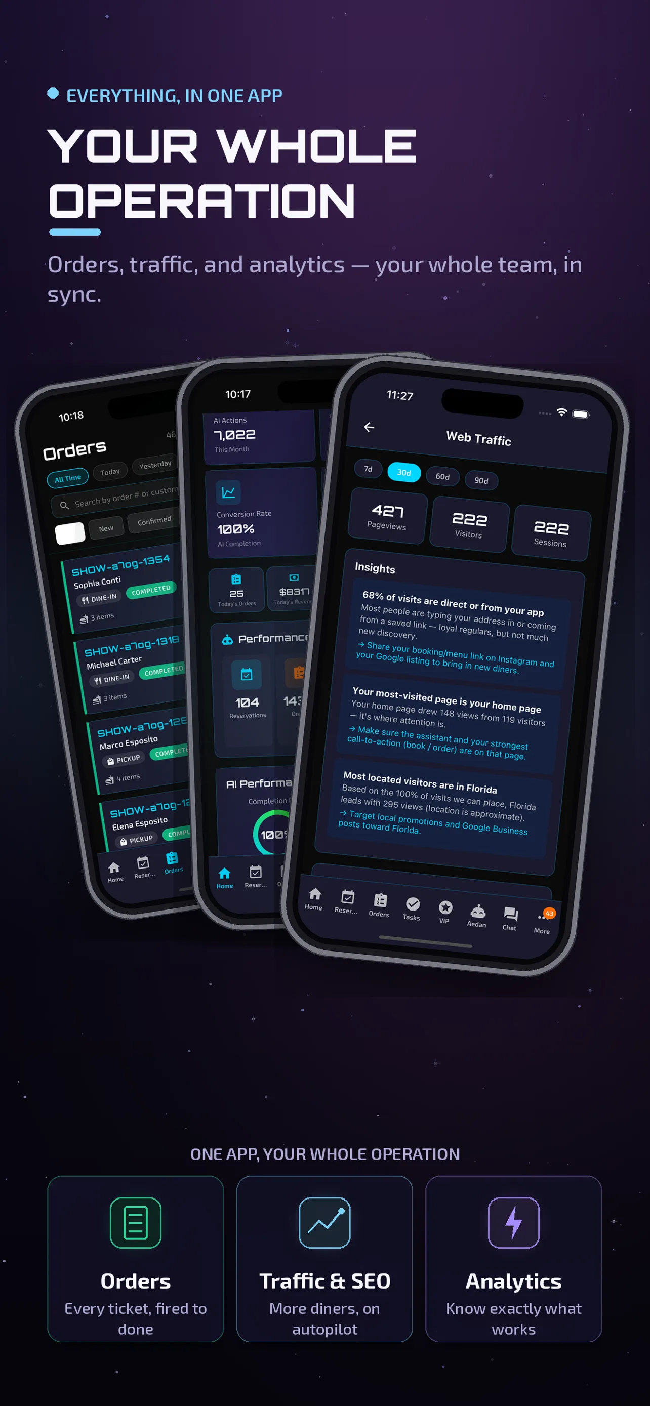 Aedan Rose team app on an iPhone showing the day's operation, schedule, and team chat