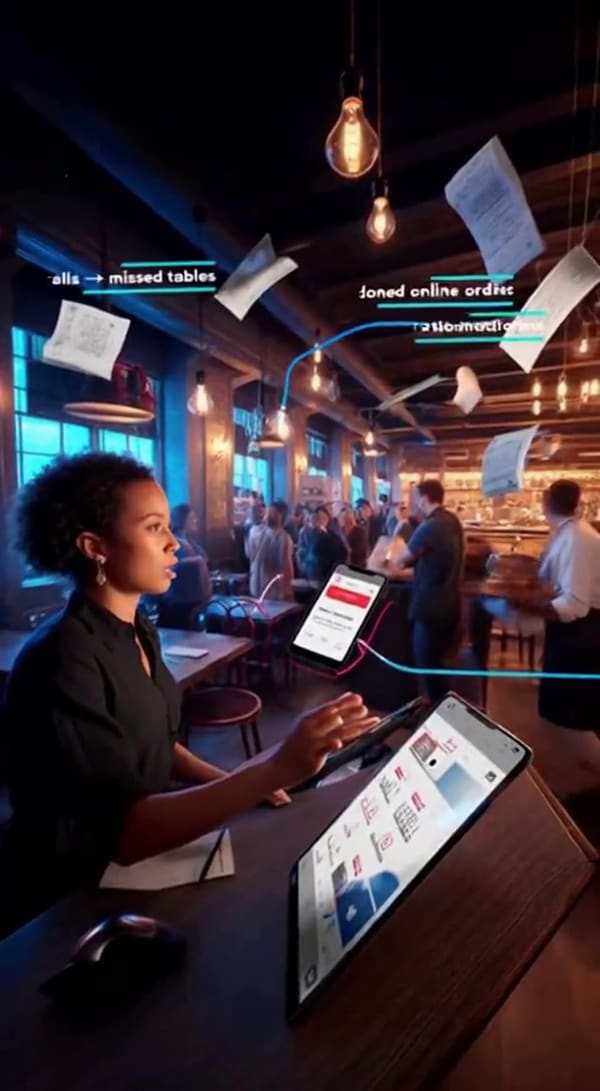 Illustration of a restaurant host stand with labels marking missed calls and abandoned online orders
