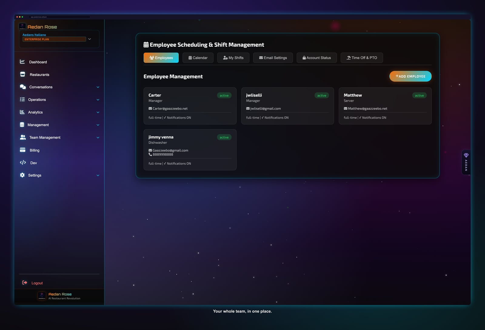 Employee roster showing every team member with their role and access level under a 6-role permission system