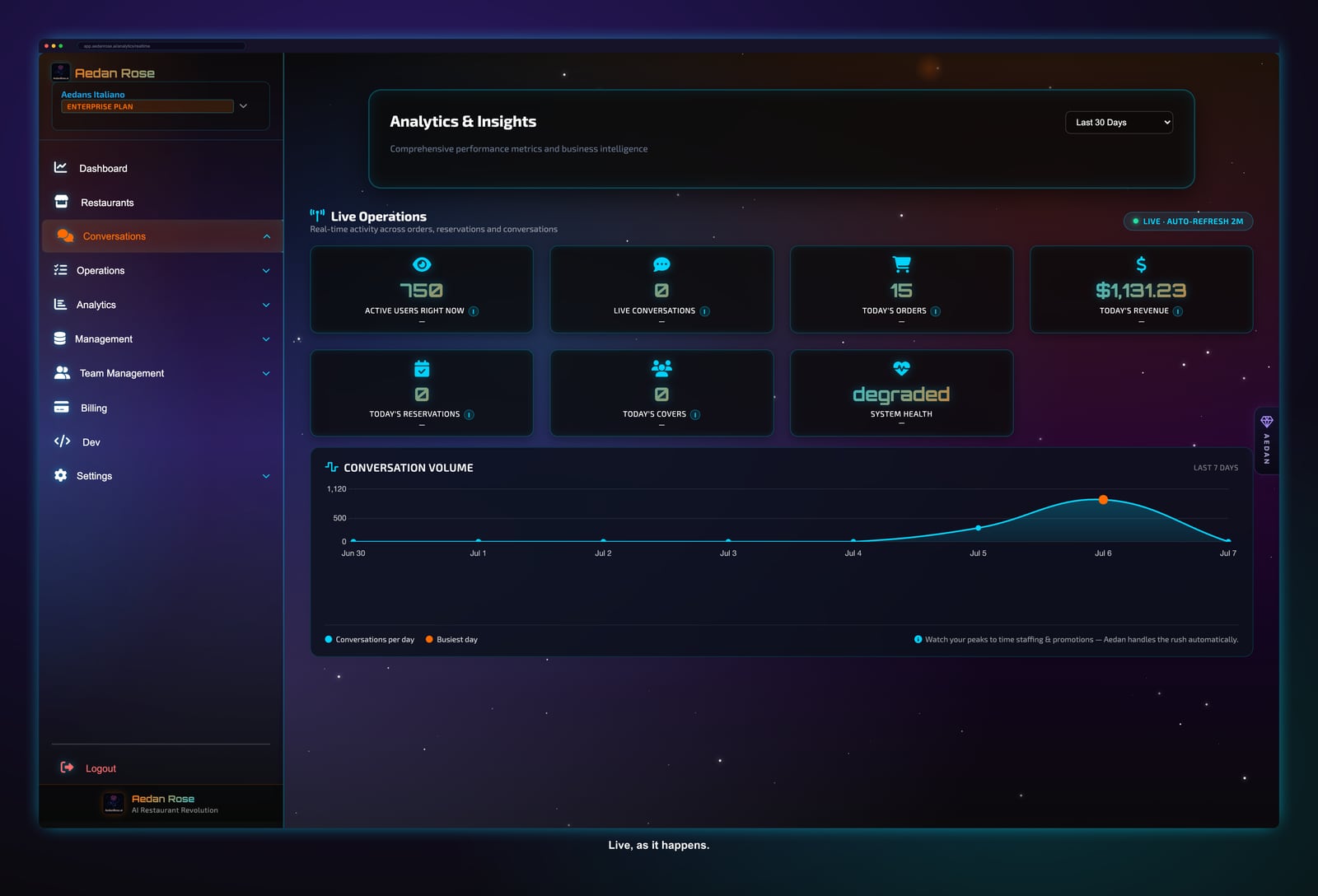 Aedan Rose real-time monitoring dashboard showing every active and recent conversation and its outcome