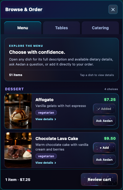 Aedans Italiano menu with an active cart and visible order action