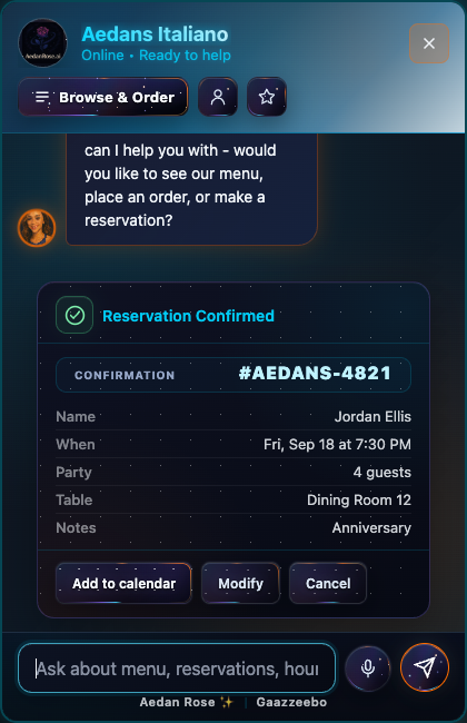 Aedans Italiano reservation confirmation with calendar, modify, and cancel actions